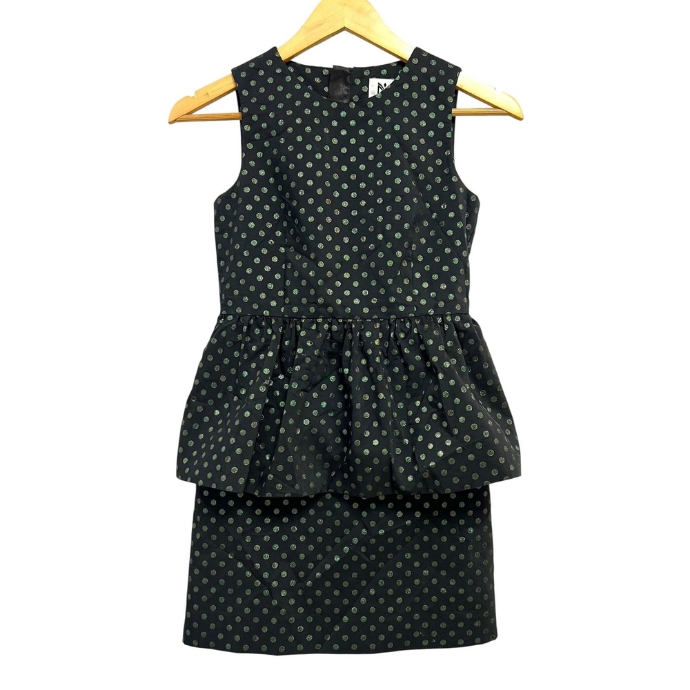 Milly Minis Dress Girls 12 Black Green Polka Dot Peplum Sleeveless Made USA
